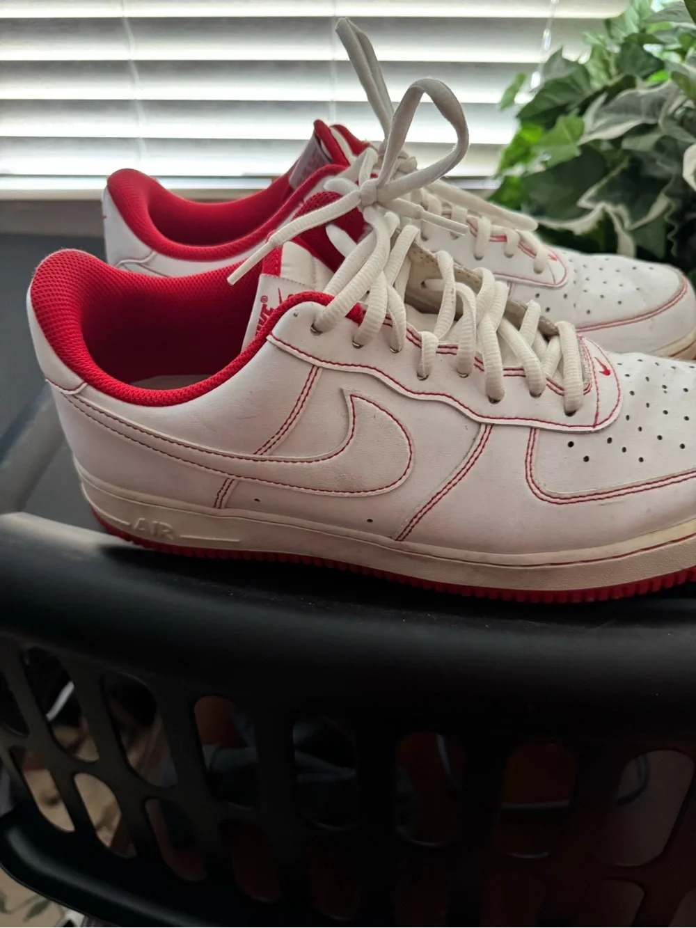 Nike Air Foce ones great condition Men’s White Leather Sneakers with Red Accents